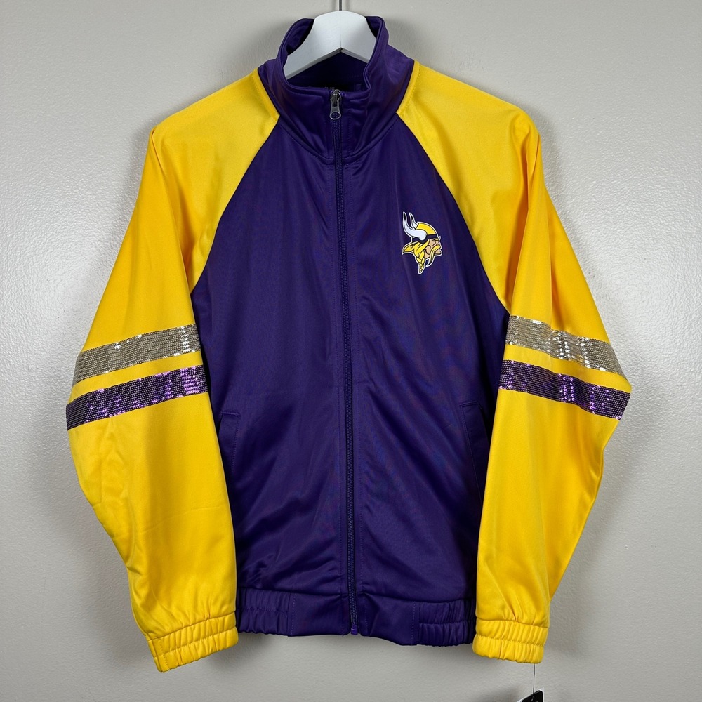 G-III 4Her Women's Small Track Jacket Purple Yellow Vikings Sequin NFL Cheer NEW